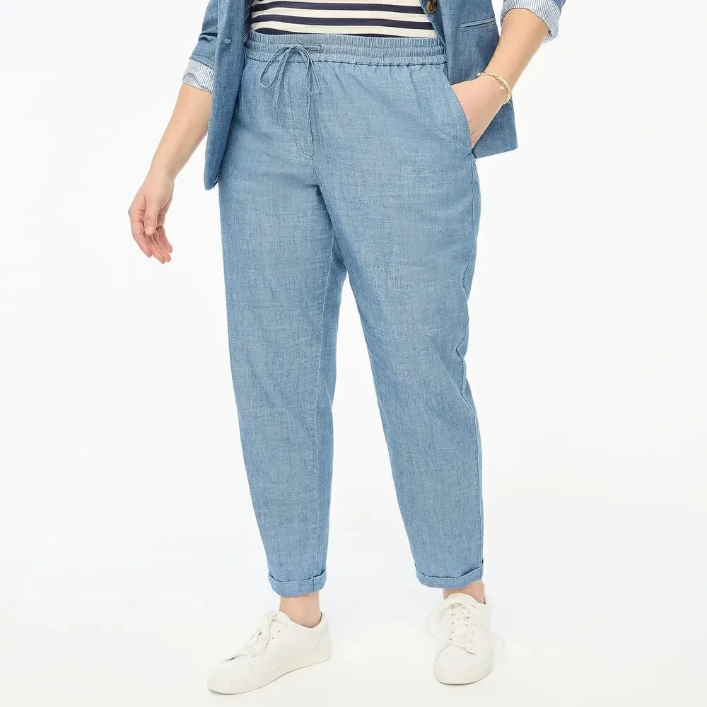 J. Crew Pants Chambray Drawstring Waist Tapered Cotton Med Echo Blue Wash NWT 18